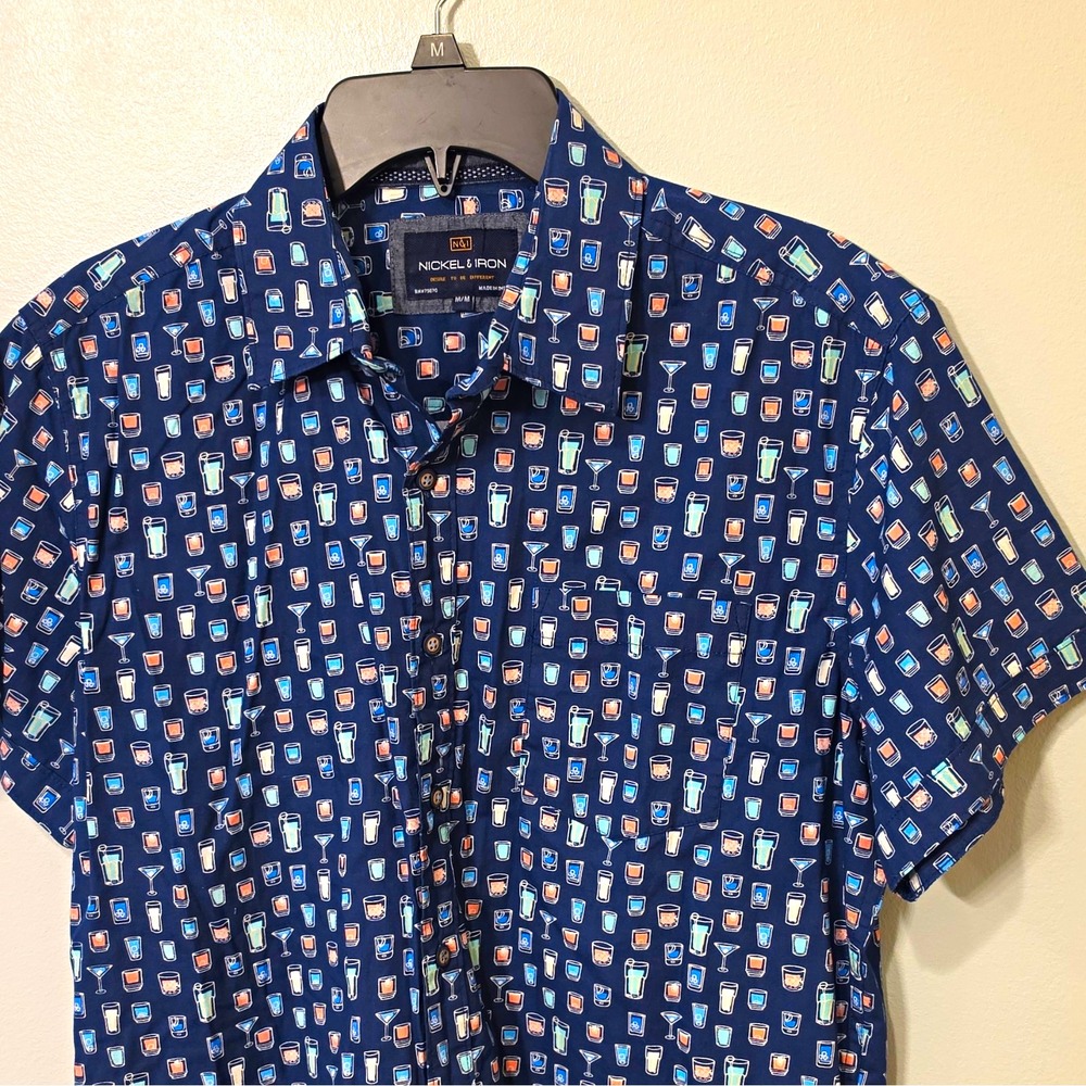 Nickel & Iron Men's Woven Cotton SS Button-Up Cocktail Graphic Print M Blue #273